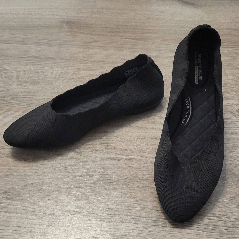 Skechers Cleo Black Knit Pointed Toe Ballet Flats Arch Support Comfort Size 10